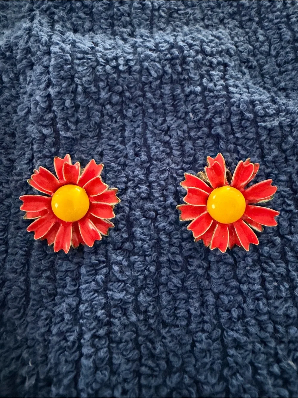 Vintage red and yellow enamel daisy Brooche and clip on earrings set